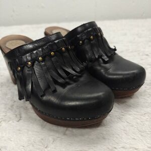 Dansko Deni Fringe Womens 37 EU 6.5 US Leather Platform Platform Mule Black